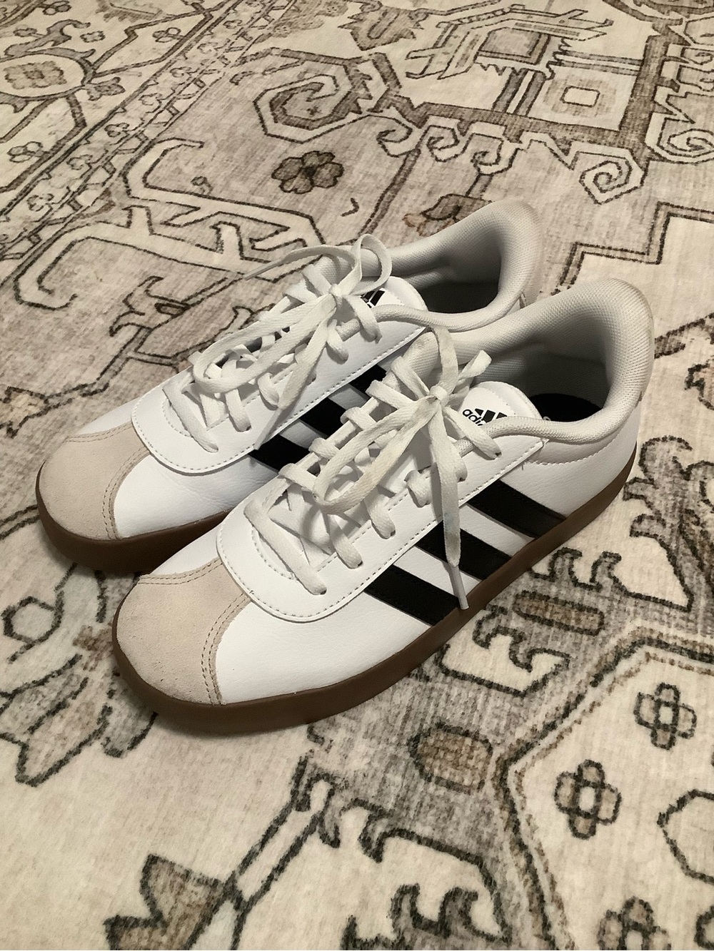 adidas Kids White Sneakers with Black Stripes and Gum Sole